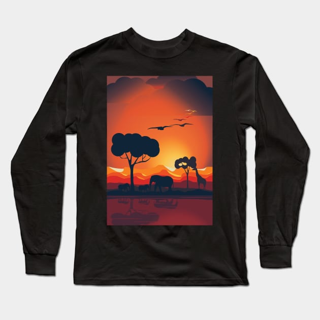 Landscape of a sunset in an african savanna Long Sleeve T-Shirt by Nosa rez